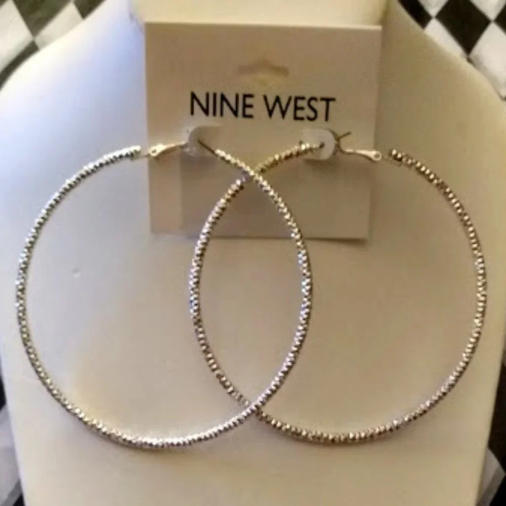 NINE WEST Glam Sparkly Silver Diamond Textured 3.5" Hoop Earrings**NEW! - Picture 1 of 2